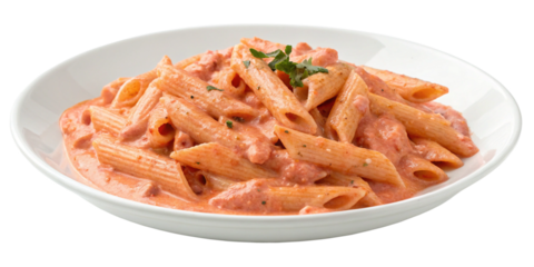 Penne allay Vodka pasta in a pink tomato cream sauce isolated on transparent background.
