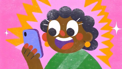 Fototapeta premium A cheerful illustration of a woman excitedly looking at her phone, with vibrant colors and dynamic shapes reflecting her joy.