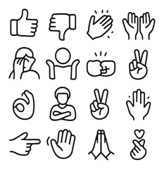 Gesture linear icon set. containing thumbs up, thumbs down, clapping, hand wave, peace, praying, more