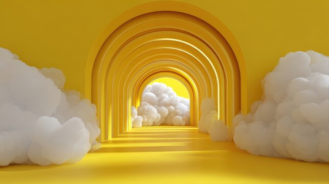 Yellow tunnel made of circles and floating clouds in 3d rendering, great for children's book illustration