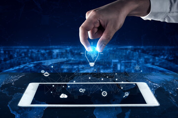 AI innovation with neural network and digital transformation. AI innovation drives automation, powers ideas, AI innovation enhances SEO, and AI innovation enables global connection. Vouch