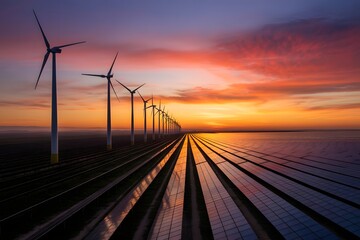 A sprawling field of solar panels and wind turbines generating clean, renewable energy under a dramatic sunset sky.