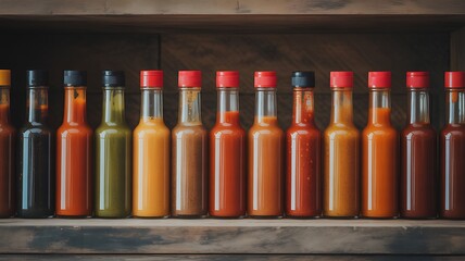 Collection of artisanal hot sauce bottles on wooden shelf a vibrant display of spicy flavors and culinary passion
