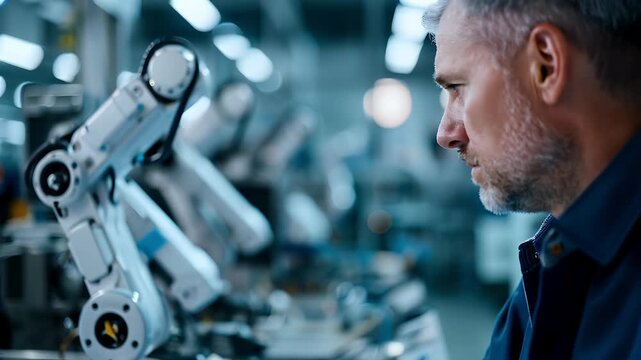 An experienced technician develops robotics in a factory environment with blue and metallic tones.
