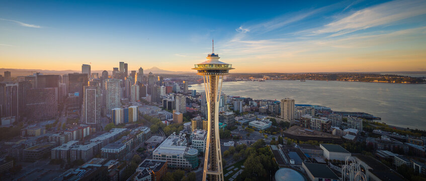 Seattle, Washington, USA - Sep 30, 2024: Seattle Cityscape with Space Needle and Mount Rainier Aerial View