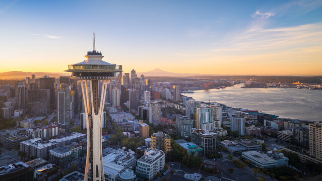 Seattle, Washington, USA - Sep 30, 2024: Seattle Cityscape with Space Needle and Mount Rainier Aerial View