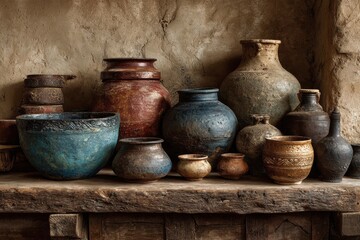 Assortment of colorful, aged, handmade pottery with ropes and seeds adorn an old wooden shelf in a rustic setting, showcasing ancient crafts and artistic design