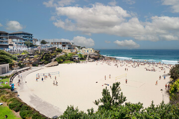 Tamarama beach. It is surrounded by high cliffs, with a deep tongue of sand with just 80m of shoreline and beautiful clear waters. Sydney, Dec 2019