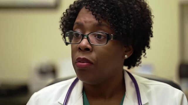Close Up Video of a Female Doctor with Curly Hair Wearing Glasses Explaining Medical Advice Shaking Head in Bright Room with Purple Stethoscope and White Coat for Healthcare and Medical Advertisement