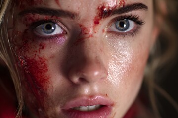 Fototapeta premium Close up of a young woman with bloody wounds on her face, conveying a sense of vulnerability and pain