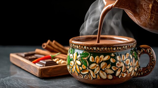 Authentic Mexican hot chocolate pouring from traditional chocolatera into colorful handcrafted mug, premium restaurant presentation with spices