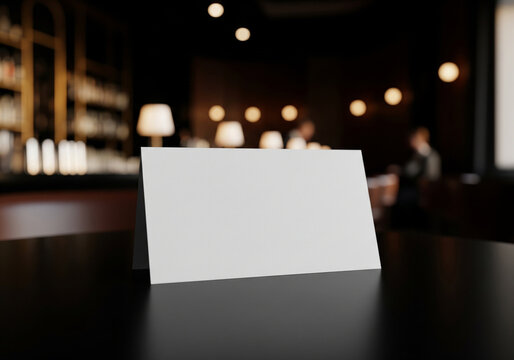 Elegant Table Card Mockup: Blank White Name Tag on a Black Table in a High-End Restaurant