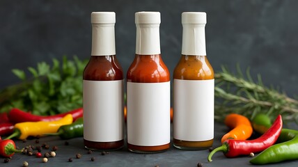 Three bottles of hot sauce with blank labels surrounded by fresh peppers and herbs perfect for branding mockups and culinary content creation