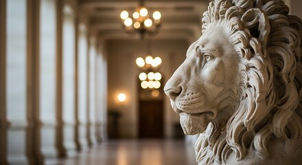A lion statue stands guard in a grand hall with columns and chandeliers creating an elegant ambiance ai generative