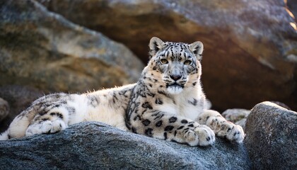snow leopard resting on rocky terrain surrounded by natural stones in a serene environment