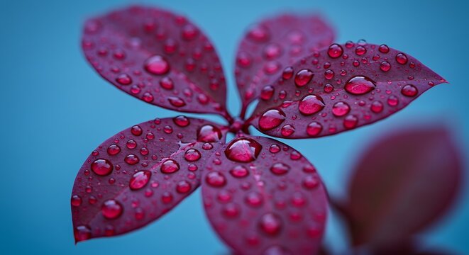 Close up of red leaves covered in water droplets against a vibrant blue background outdoors in nature ai generative