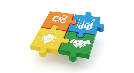 Colorful puzzle pieces forming a square with business icons on a white background representing teamwork