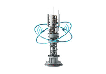 Photo of a modern communication tower emitting wireless signals stands isolated on a transparent background