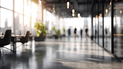 Modern Office Interior With Blurred People And Sunlight