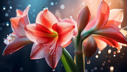 vibrant amaryllis blossom adorned with delicate water droplets shining in soft light and floral beauty