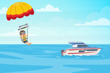 Happy Man Parasailing Behind Motorboat on Ocean