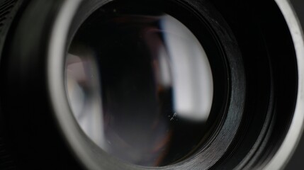 A macro photograph of a black camera lens shows its intricate optical glass and focusing equipment