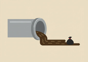 Fototapeta premium A gray pipe with brown liquid flowing out and a black bag on a beige colored background flat design