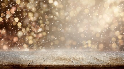 Abstract background with beige and gold bokeh lights, snow falling on the table