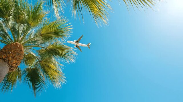 A plane flying through palm tree leaves symbolizing warm travel