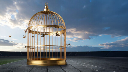 A luxurious golden cage with its door ajar releases a flurry of golden butterflies into a vast, open space under a dramatic sky, representing unlocked potential and the beauty of newfound liberty.