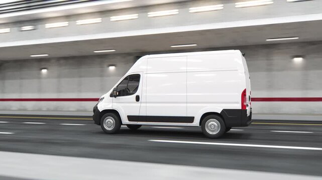 Delivery van moving inside of tunnel. 3d video animation