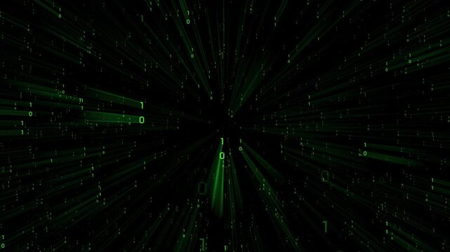 Green binary code falling down - matrix effect with light rays - 3D 4k animation (3840 x 2160 px)