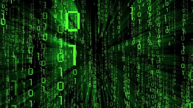 Green binary code falling down - matrix effect with light rays - 3D 4k animation (3840 x 2160 px)