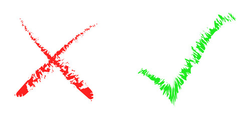Hand drawn of Green check mark and Red cross isolated. Right and wrong icon. PNG