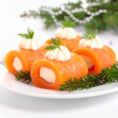 Elegant salmon rolls with creamy filling, garnished with dill sprigs on white background