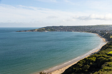 Purbeck Way footpath high up on Ballard Cliffs with Swanage bay view