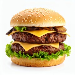 Appetizing double cheeseburger with fresh lettuce and mushroom toppings presentation on white background