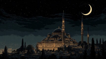 Elegant Mosque at Night with Crescent Moon Illumination
