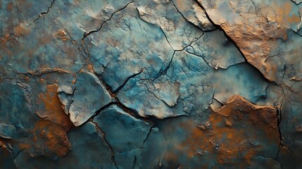A close-up of a weathered, cracked surface with rich blue and rust colors, highlighting the beauty of natural deterioration and texture
