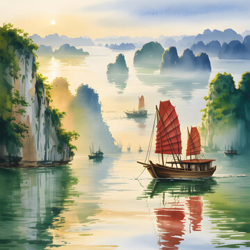 Serene Ha Long Bay Vista with Traditional Junk Boats at Sunrise Depicting Tranquility and Natural Beauty
