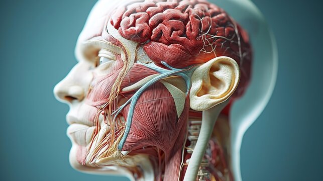 A detailed anatomical model of human anatomy showcasing inner structures, including the brain, nerves, and muscles, highlighting the complexity of the human body. - Powered by Adobe