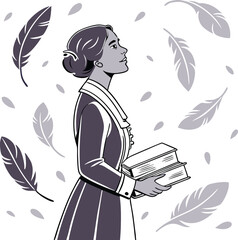 Woman Holding Books with Floating Feathers