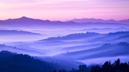 Obraz premium A serene view of rolling hills bathed in soft purple and blue hues during dawn, surrounded by a gentle mist. This tranquil landscape captures the beauty of nature at its finest.