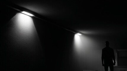 A businessman's silhouette is walking towards a bright light at the end of a dark tunnel, creating a strong shadow