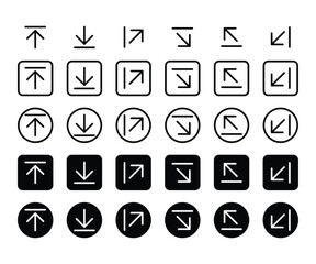 Modern Arrow Icons: Upload, Download, Resize, and Rotate Symbols in Square and Circle Frames Vector.