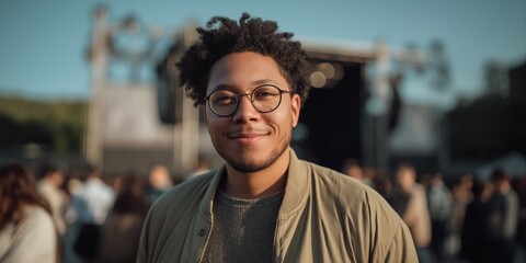 Fototapeta premium Young african american male smiling at outdoor music festival
