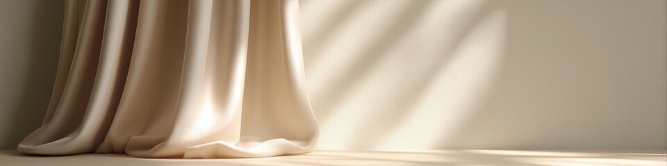 Elegant beige curtains with soft sunlight shadows on wall