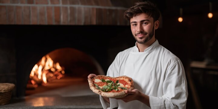 Young caucasian male chef presenting freshly made pizza in rustic kitchen - Powered by Adobe