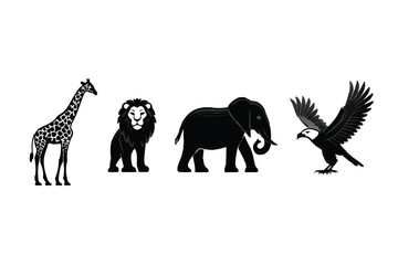 Black and White Graphic Illustration Featuring Giraffe Lion Elephant and Eagle in a Clean Minimalist Style Perfect for Print and Web Design