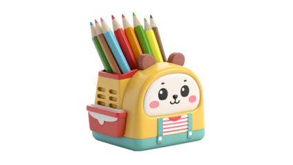 Cute cartoon bear pencil holder desk organizer stationery isolated on transparent background for school office supplies and creative art
